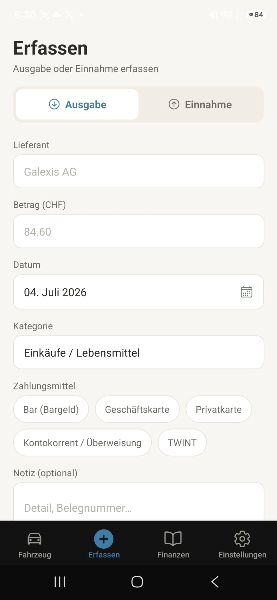 InfiliteHQ — Bildschirm Erfassen: Ausgabe oder Einnahme mit Kategorie und Zahlungsmittel