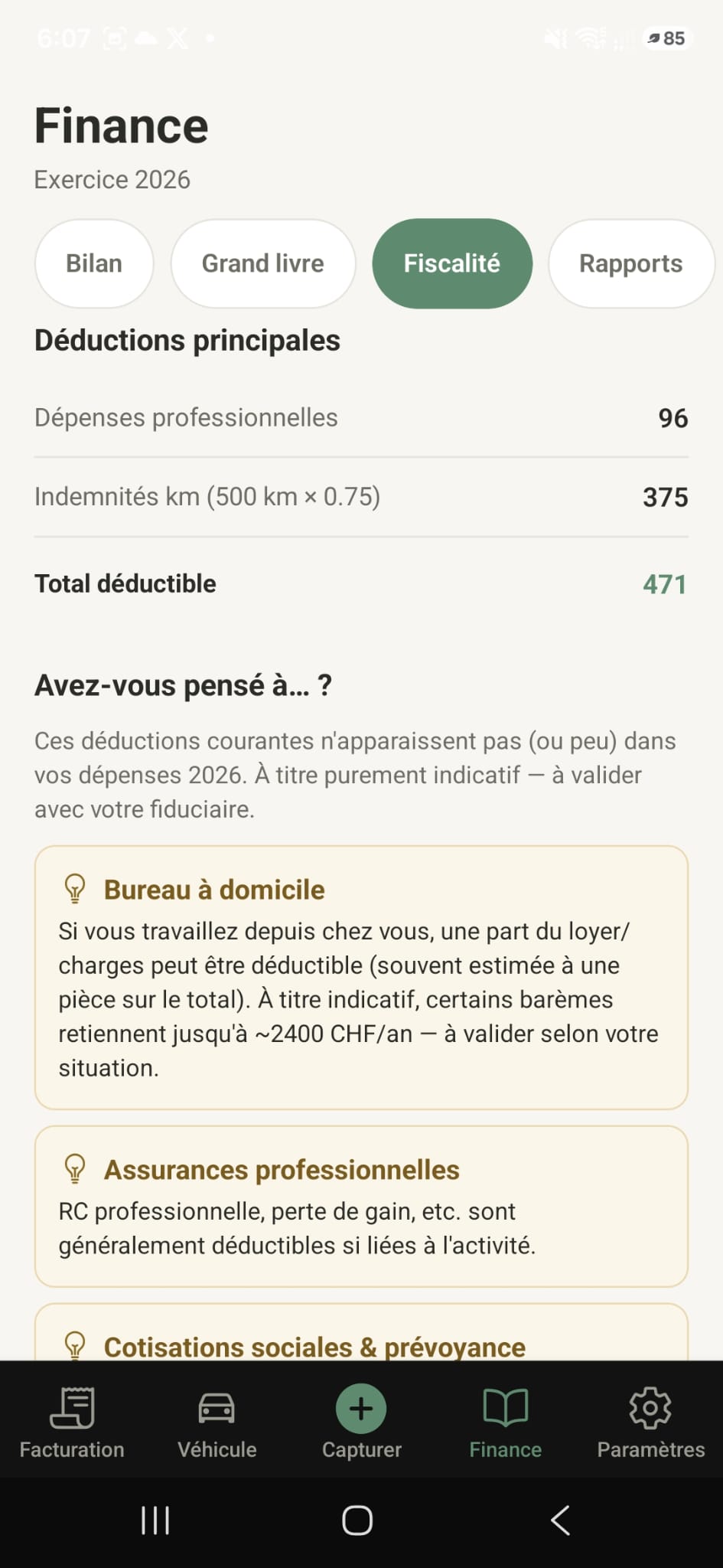 InfiliteHQ — écran Fiscalité : déductions principales et rappels de déductions courantes