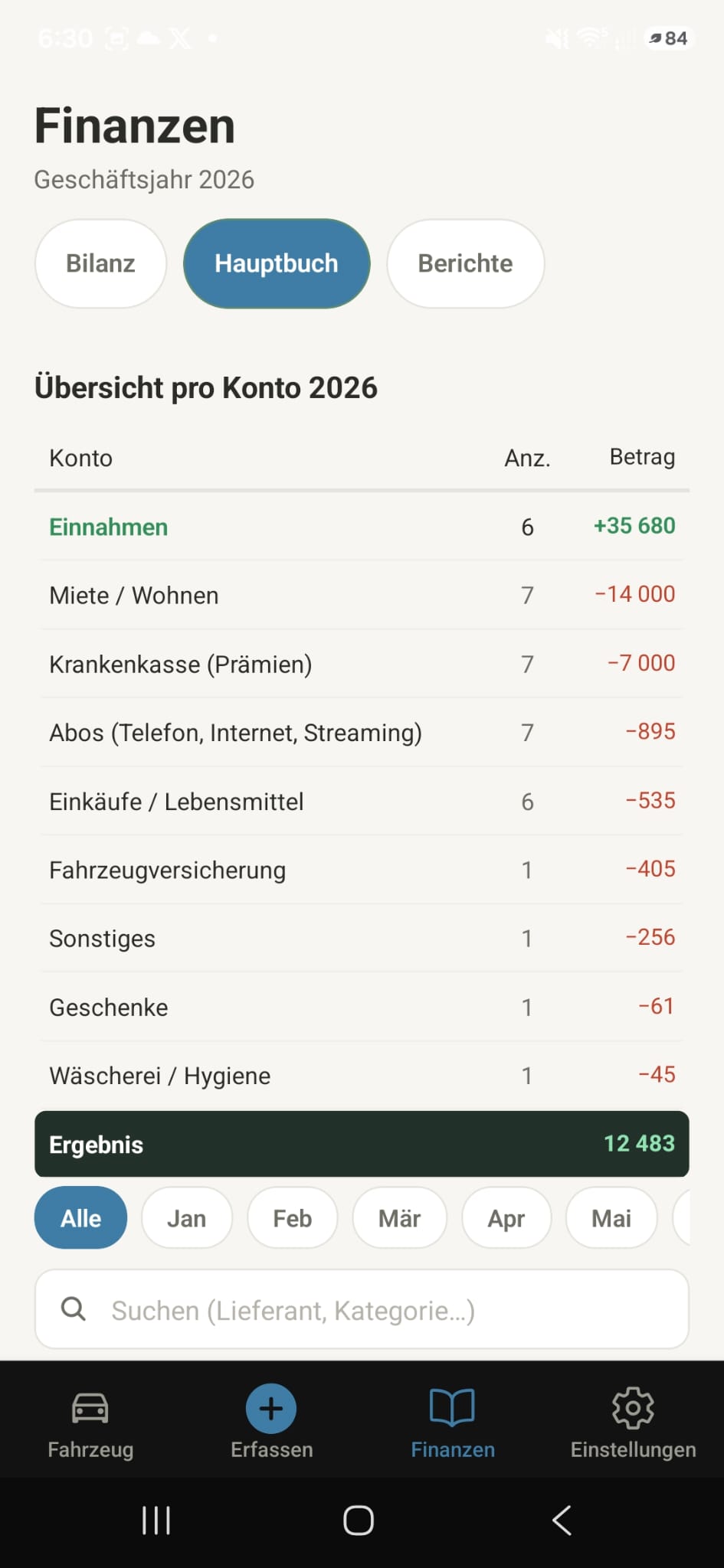 InfiliteHQ — Hauptbuch: Übersicht pro Konto mit Monatsfilter und Suche