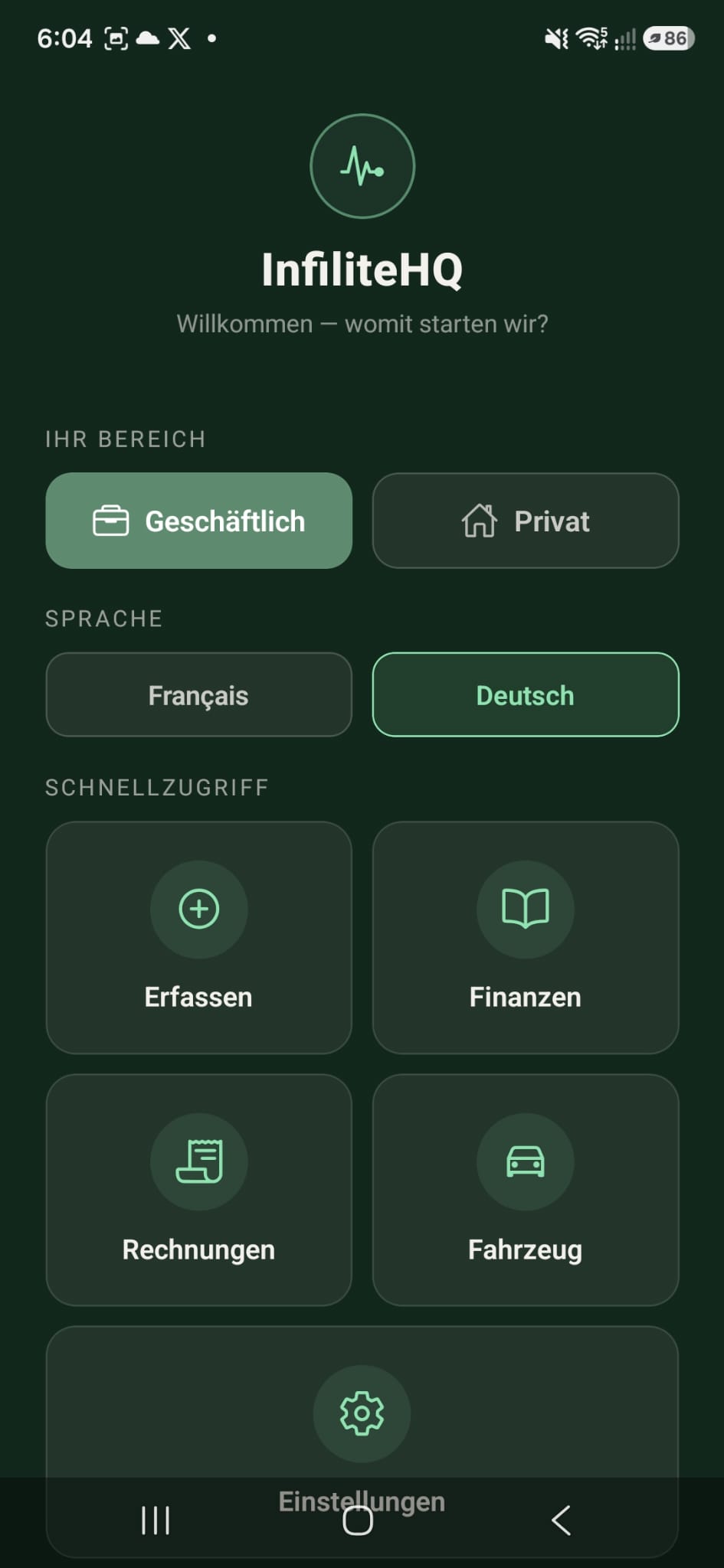 InfiliteHQ — Startbildschirm: Bereich wählen (Geschäftlich oder Privat), Sprache und Schnellzugriff